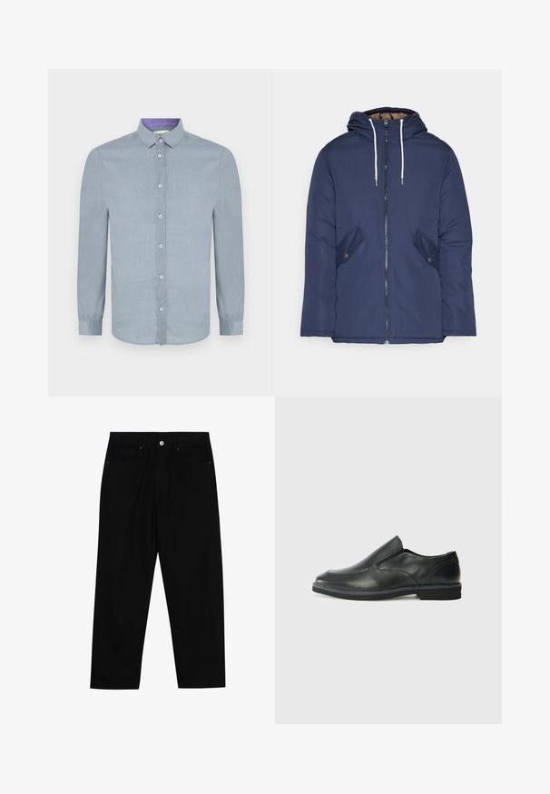 Jūrinė mėlyna pūkinė striukė su kapišonu, turinti priekinį užtrauktuką, dvi šonines kišenes su sagomis ir baltus raiščius.; Šviesiai mėlyna ilgomis rankovėmis marškiniai su mygtukų apykakle, priekyje esantys mygtukai ir lygus paviršius. Vidinė apykaklė dekoruota kontrastine purpurine akcento spalva.; Juoda džinsinė kelnė su tiesiu kirpimu, penkių kišenių dizainu ir priekiniais mygtukais. Lygus paviršius su minimaliu siuvimo detalėmis.; Juodai odiniai įtvirtinimo batai su lygiu paviršiumi, siuvinėjimo akcentais, apvalia nosimi ir žemu guminiu kulnu. Pado raštas minimalus.