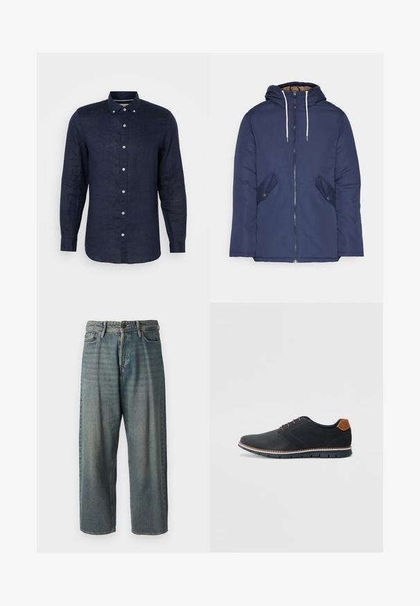 Tumesinine vahtkatseline jakk, millel on kapuuts, esilukk, kaks küljetaskut nupuga ja valged tõmblukud.; Tumesinise pika varrukaga särk, mis on valmistatud linast, nööpidega kraega, kuue nööbiga ees ja kergelt kõverdatud servaga.; Heledad sinine denim-stiilis teksad, volüümse lõike, keskmise kõrgusega talje ja sirgete säärega. Omab viit taskut, vöökumme ja nööpide sulgemist.; Mustavad sünteetilised jalatsid tekstureeritud pealsega, siledad aktsendid, pruun kand ja kontrastne tall. Omab minimaalset lukkude ja õmbluste dekoratsiooni.