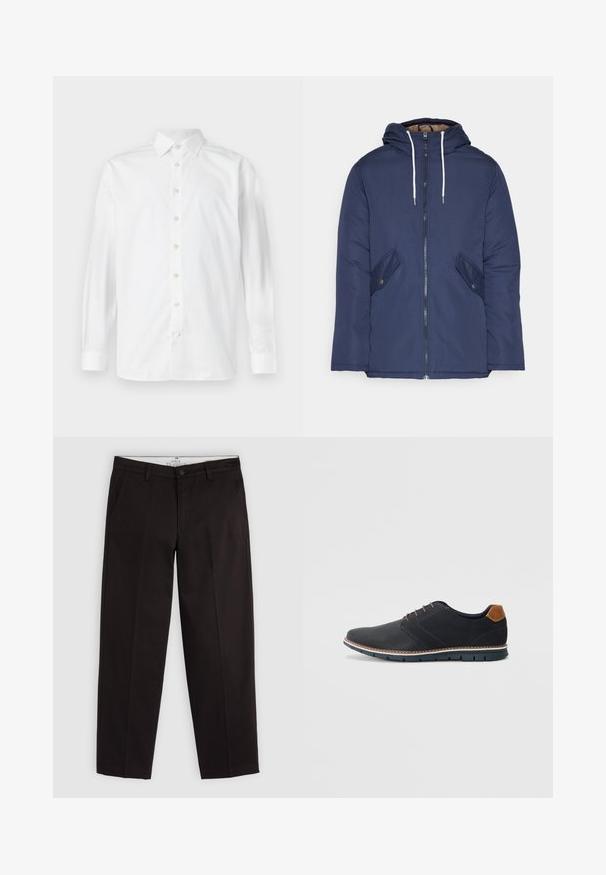 Jūras zila pufīgā jaka ar kapuci, kas aprīkota ar priekšējo rāvējslēdzēju, divām sānu kabatām ar pogām un baltiem aukliņām.; Balts garās piedurknes krekls ar klasisku apkakli, pogu priekšpusi un smalku tekstūru, ar izliekta apakšmalu un pogātām aprocēm.; Melnas taisnās kājas chinos bikses ar jostu cilpiņām, pogu aizdari un sānu kabatām, izstādītas uz gaiši pelēka fona.; Melni sintētiskie apavi ar struktūru augšdaļā, gludu akcentu, brūnu papēdi un kontrastējošu zoli. Iezīmē minimālu šņorēšanu un šuvju detaļas.