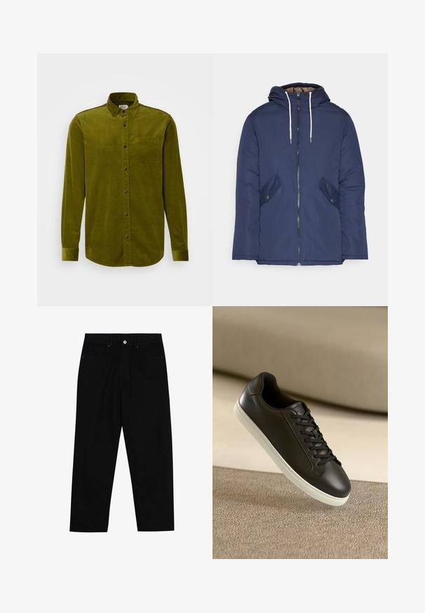 Sötétkék bélelt dzseki kapucnival, elülső cipzárral, két oldalsó zsebbel gombokkal és fehér húzózsinórokkal.; Zöld kordbársony ing hosszú ujjakkal, gombos gallérral és egyetlen mellzsebbel. Jellemzője a függőleges bordázott textúra és a fekete gombok.; Fekete farmernadrág, egyenes szabással, öt zsebből álló dizájnnal és elülső gombos záródással. Simább felület minimális varrási részletekkel.; Fekete bőr sportcipő fehér gumitalppal és fekete fűzőkkel, bézs szövetfelületen és háttérben elhelyezve.