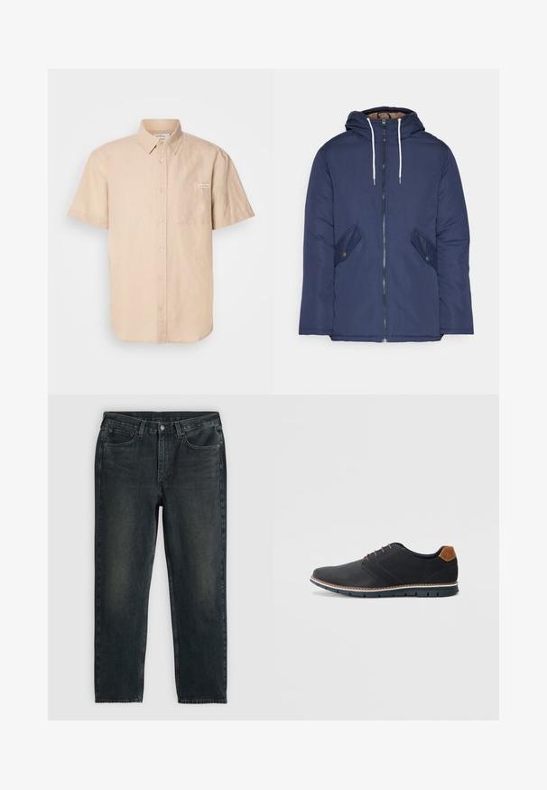 Jūrinė mėlyna pūkinė striukė su kapišonu, turinti priekinį užtrauktuką, dvi šonines kišenes su sagomis ir baltus raiščius.; Trumpas beisbalto atviru švarkas, pagamintas iš medvilnės, turi priekinę kišenę ir mažą logotipą kairėje pusėje.; Tamsiai mėlynos džinsinės kelnės su tiesiu kirpimu, turinčios penkias kišenes, užtrauktuką ir kontrastingas siūles. Audinys šiek tiek nublukęs.; Juodi sintetiniai batai su tekstūruotu paviršiumi, lygiomis detalėmis, ruda kulna ir kontrastingu padu. Yra minimalus raištelių užsidėjimas ir siuvimo detalės.