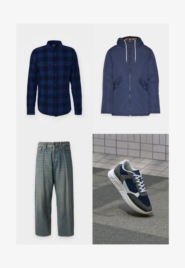 Casaco acolchoado azul-marinho com capuz, apresentando um fecho frontal com zíper, dois bolsos laterais com botões e cordões brancos.; Camisa de flanela azul-marinho com padrão xadrez, apresentando dois bolsos no peito e frente com botões. O tecido tem uma textura macia.; Jeans de ganga azul claro com um corte solto, cintura média e pernas retas. Apresenta cinco bolsos, passadores de cinto e fecho com botão.; Sapatilha com parte superior em malha azul-marinho, detalhes em camurça cinza, sola de borracha branca e atacadores brancos planos, projetada para conforto e respirabilidade.