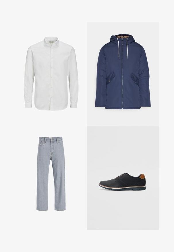 Tumesinine vahtkatseline jakk, millel on kapuuts, esilukk, kaks küljetaskut nupuga ja valged tõmblukud.; Valge, pika varrukaga nööbiga särk, mis on valmistatud puuvillast. Särk on klassikalise kraega, sirge lõikega ja kergelt tekstureeritud. Tavaline nööpide sulgemine.; Heledad sinine teksapüksid, millel on mugav lõige, sirged sääred, nähtavad õmblused, kaks eesmist taskut ja nööbkinnisega sulgemine.; Mustavad sünteetilised jalatsid tekstureeritud pealsega, siledad aktsendid, pruun kand ja kontrastne tall. Omab minimaalset lukkude ja õmbluste dekoratsiooni.