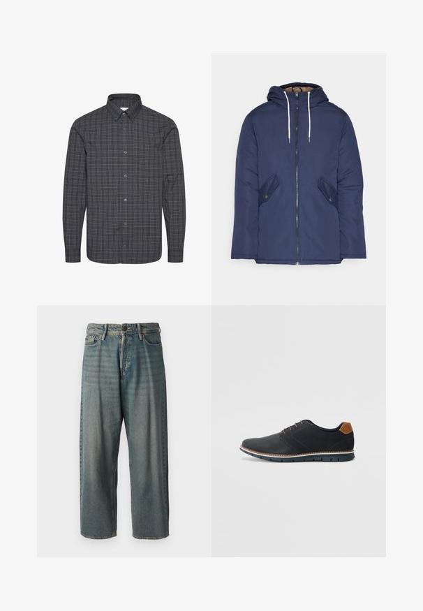 Jūrinė mėlyna pūkinė striukė su kapišonu, turinti priekinį užtrauktuką, dvi šonines kišenes su sagomis ir baltus raiščius.; Tamsiai pilkos spalvos ilgam rankovėms marškiniai su mažais šviesiai pilkais ir baltais languotais raštais. Turi klasikinį apykaklę ir mygtukų uždarymą.; Šviesiai mėlyni džinsai su laisvu siluetu, vidutinio aukščio juosmeniu ir tiesiomis kojomis. Su penkiais kišenėmis, diržo kilpo ir mygtukų uždarymu.; Juodi sintetiniai batai su tekstūruotu paviršiumi, lygiomis detalėmis, ruda kulna ir kontrastingu padu. Yra minimalus raištelių užsidėjimas ir siuvimo detalės.