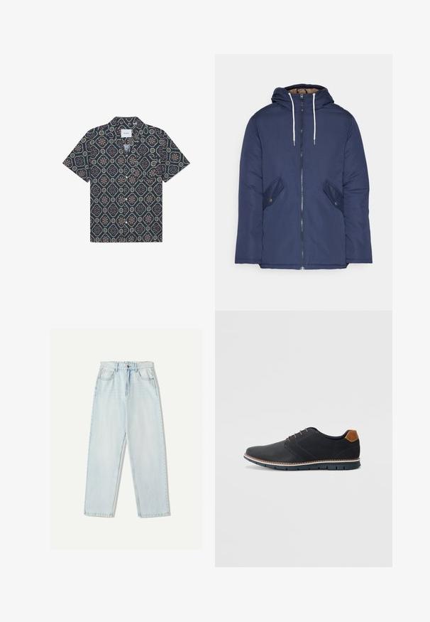 Navy plava podstava jakna s kapuljačom, koja ima prednji patentni zatvarač, dva bočna džepa s gumbima i bijele špage.; Košulja s kratkim rukavima od tamnoplavog materijala s geometrijskim cvjetnim uzorkom u živopisnim bojama, s kopčanjem sprijeda i opuštenim ovratnikom.; Svijetloplave traperice s opuštenim krojem, ravnim nogavicama, pet džepova i suptilnim izbljeđivanjem na tkanini.; Crne sintetičke cipele s teksturiranim gornjim dijelom, glatkim akcentima, smešnim petom i kontrastnom potplatom. Imaju minimalne vezice i detalje šivanja.