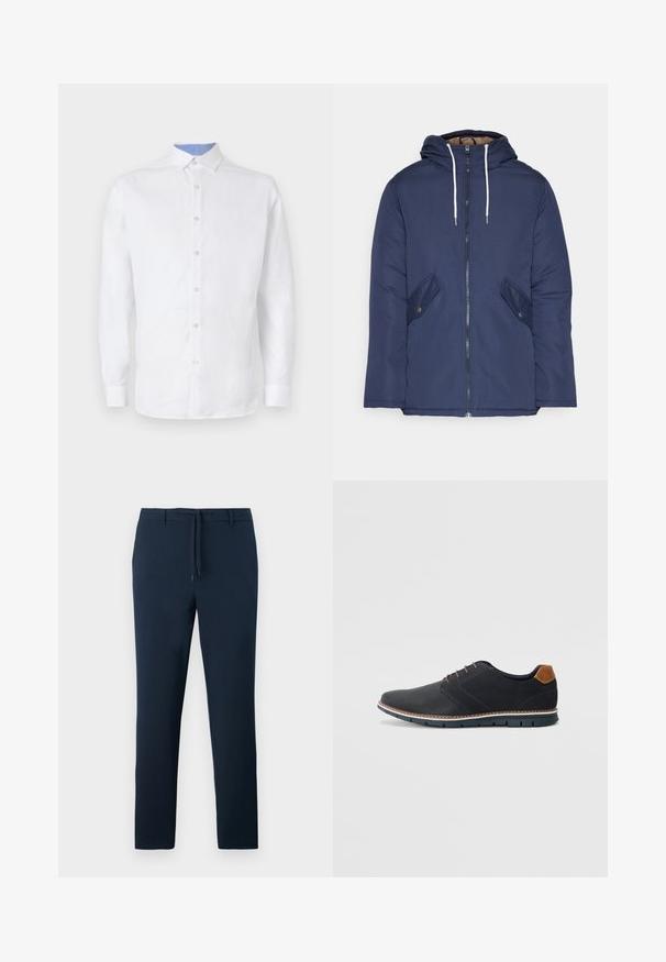 Jūras zila pufīgā jaka ar kapuci, kas aprīkota ar priekšējo rāvējslēdzēju, divām sānu kabatām ar pogām un baltiem aukliņām.; Balts garām piedurknēm krekls ar pogu priekšu, kuram iekšpusē apkaklē un piedurkņu galos ir gaiši zilas šaha formas raksts. Gluda auduma tekstūra.; Tumši zili bikses, izgatavotas no strukturēta auduma, ar taisnu kāju dizainu, priekšējām kabatām un aukliņu viduklī.; Melni sintētiskie apavi ar struktūru augšdaļā, gludu akcentu, brūnu papēdi un kontrastējošu zoli. Iezīmē minimālu šņorēšanu un šuvju detaļas.