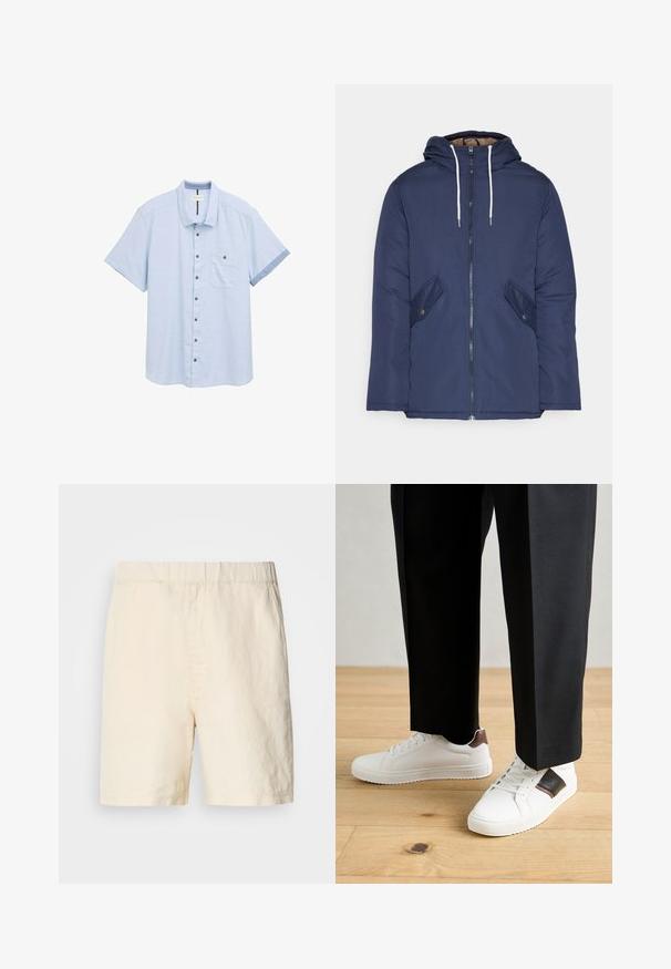 Sötétkék bélelt dzseki kapucnival, elülső cipzárral, két oldalsó zsebbel gombokkal és fehér húzózsinórokkal.; Világoskék, rövid ujjú ing, texturált anyagból, gombos elülső résszel, egy mellzsebkészlettel és sötétebb kék kontrasztos mandzsettákkal.; Világos bézs rövidnadrág légáteresztő anyagból. Gumis derékkal és laza szabással rendelkezik. Egyszerű dizájn, minta vagy kiegészítők nélkül.; Fehér sneaker, sima textúrával, barna bőr díszítéssel és fekete részletekkel, fekete szabott nadrággal párosítva. Fából készült padló háttér.