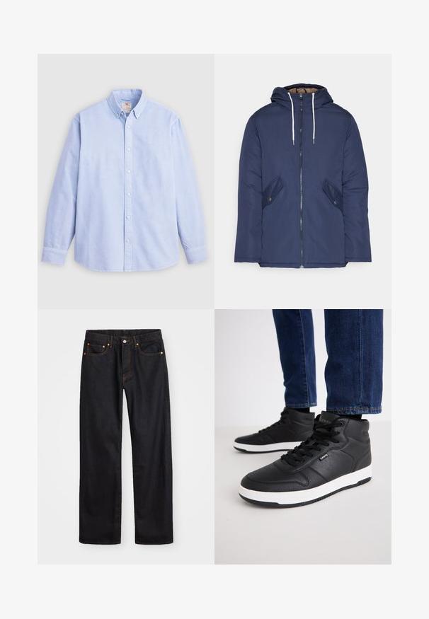 Marineblå polstret jakke med hette, med glidelås foran, to sidelommer med knapper og hvite snorer.; Lys blå langermet skjorte med knapper laget av bomull, med klassisk krage og subtilt merkebroderi på venstre bryst.; Men's straight-leg svarte denim jeans med fem lommer og oransje søm, knapp og glidelås lukking foran på midjen.; Sorte høye sneakers laget av teksturert lær, med svarte snører, en hvit gummisåle og en liten logo på siden.