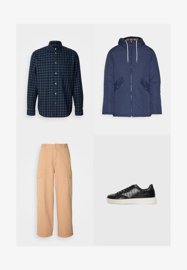 Jūrinė mėlyna pūkinė striukė su kapišonu, turinti priekinį užtrauktuką, dvi šonines kišenes su sagomis ir baltus raiščius.; Tamsiai mėlynos ir tamsiai žalios spalvos languota marškiniai, pagaminti iš medvilnės, su atlenkiamu apykakle, ilgomis rankovėmis ir krūtine kišenėle, su apvaliais mygtukais.; Šviesiai rudos plačių kojų cargo kelnės, pagamintos iš lengvos medžiagos, su dviem šoninėmis kišenėmis ir saga juosmens srityje. Minkšta tekstūra.; Juodi sportiniai batai su tekstūruotu krokodilo odos pamušalu, apvalia kojų dalimi ir kontrastinga balta guma su lygiu paviršiumi.