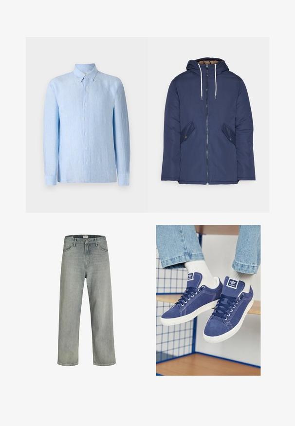 Marineblau gepadded Jacke mit Kapuze, ausgestattet mit einem Reißverschluss vorne, zwei seitlichen Taschen mit Knöpfen und weißen Kordeln.; Hellblaues, langärmliges Button-Down-Hemd aus strukturiertem Stoff. Verfügt über einen klassischen Kragen und eine durchgehende Knopfleiste.; Hellgraue, locker sitzende Jeans aus Denim. Verfügt über ein klassisches Fünf-Taschen-Design, Gürtelschlaufen und eine gerade Bein-Silhouette.; Marineblaue Adidas Sneakers aus Wildleder mit weißen Gummisohlen, runden Zehen und einem Logopatch auf der Zunge. Helle weiße Socken sind sichtbar.