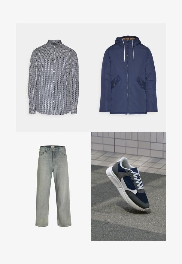 Marineblau gepadded Jacke mit Kapuze, ausgestattet mit einem Reißverschluss vorne, zwei seitlichen Taschen mit Knöpfen und weißen Kordeln.; Langarmhemd in Schwarz und Weiß mit geometrischem Muster, mit Knopfleiste, normaler Schnitt und durchgehender Knopfleiste.; Hellgraue, locker sitzende Jeans aus Denim. Verfügt über ein klassisches Fünf-Taschen-Design, Gürtelschlaufen und eine gerade Bein-Silhouette.; Sneaker mit einem Obermaterial aus navyblauem Mesh, grauen Wildlederelementen, einer weißen Gummisohle und flachen weißen Schnürsenkeln, entworfen für Komfort und Atmungsaktivität.