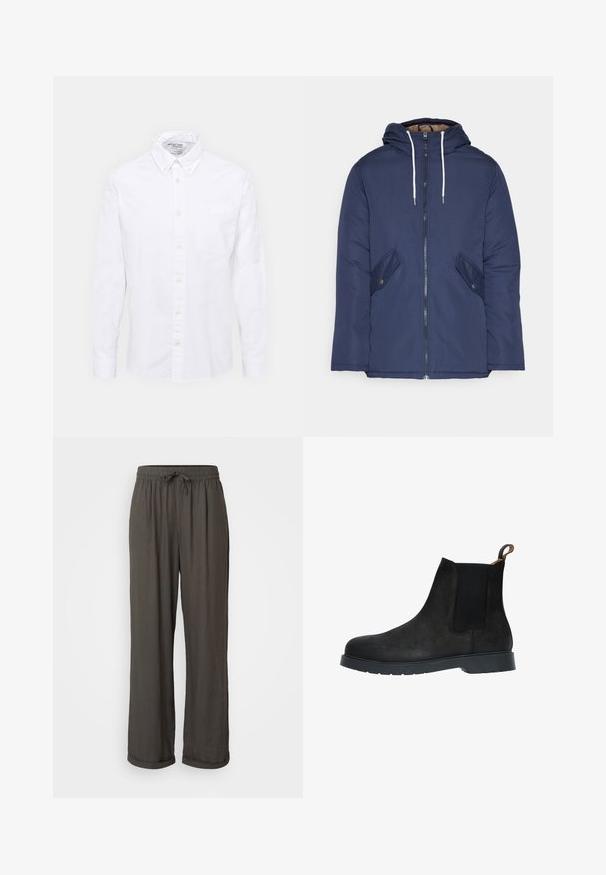 Jūrinė mėlyna pūkinė striukė su kapišonu, turinti priekinį užtrauktuką, dvi šonines kišenes su sagomis ir baltus raiščius.; Balta medvilninė marškiniai su mygtukais. Yra klasikinis apykaklė, priekinė kišenė ir ilgomis rankovėmis. Lygus paviršius su subtiliu blizgesiu.; Tamsiai pilkos plačios kelnės su virvute liemenyje, pagamintos iš minkštos, tekstūrinės medžiagos, su apsuktomis kraštinėmis ties kulkšnimis.; Juodas zomšinės Chelsea batai su elastinėmis šoninėmis detalėmis ir užtrauktuku. Apvalus pirštas ir plokščias gumos padas dėl stabilumo.