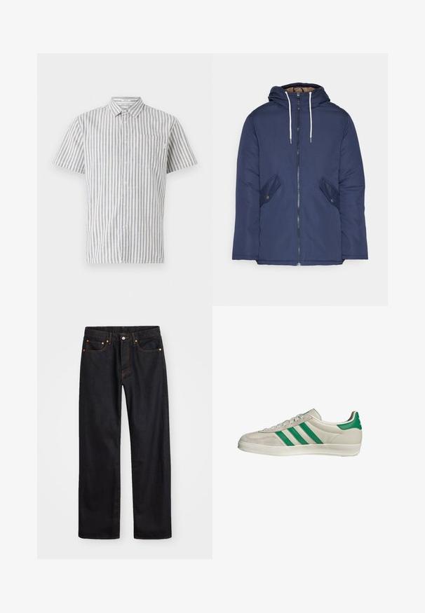 Marineblauwe gewatteerde jas met een capuchon, voorzien van een rits aan de voorkant, twee zijzakken met knopen en witte trekkoorden.; Korte mouwen knoopshirt in wit en blauwe verticale strepen, met een borstzak en een klassieke kraagontwerp. Van een katoenmix stof.; Heren straight-leg zwarte denim jeans met vijf zakken en oranje stiksels, knoop- en ritssluiting op de voorkant van de tailleband.; Beige sneaker met groene strepen, voorzien van een witte zool en een bovenkant van glad leer. Zijaanzicht dat de veters en het logo benadrukt.