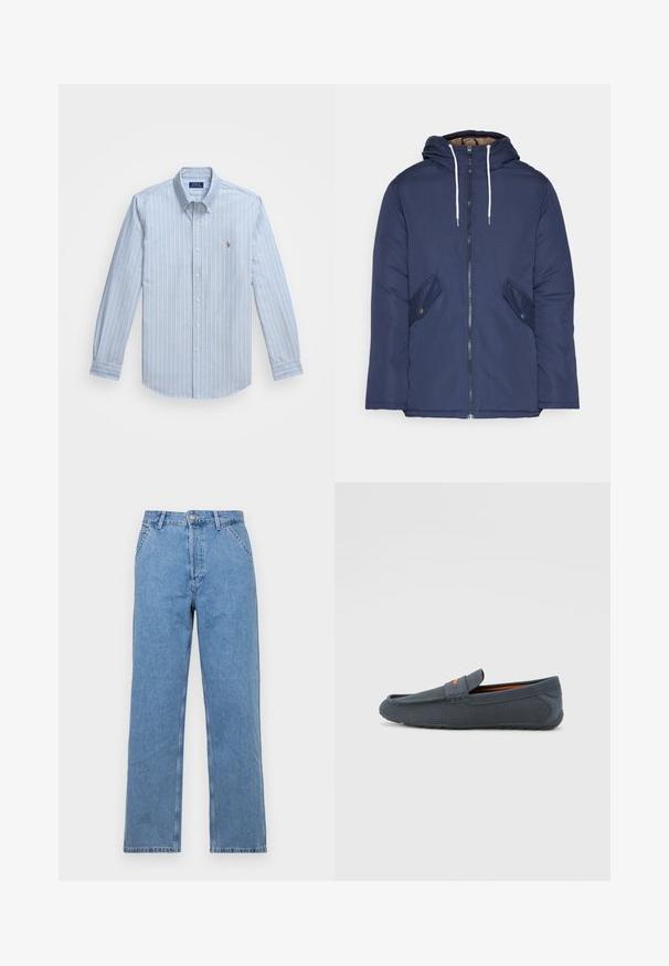 Granatowa pikowana kurtka z kapturem, z zamkiem z przodu, dwoma bocznymi kieszeniami z guzikami oraz białymi sznurkami.; Koszula z guzikami w jasnoniebieskim kolorze w cienkie białe paski, wykonana z bawełny. Posiada kołnierz typu spread oraz małe wyszywane logo na piersi.; Jasnoniebieskie dżinsy o prostym kroju z klasycznym pięciopocketowym wykończeniem, z zapięciem na guzik z przodu i szlufkami na pasek. Gładka tekstura.; Szare, perforowane mokasyny o konstrukcji typu slip-on, z pomarańczowym akcentem, zaokrąglonym noskiem i teksturowaną gumową podeszwą.