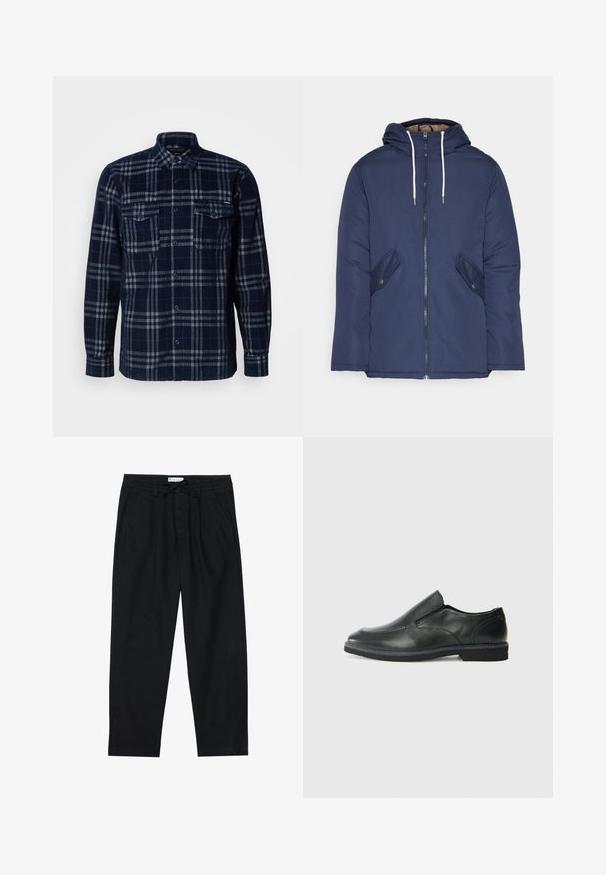 Navy blue padded jacket with a hood, featuring a front zipper, two side pockets with buttons, and white drawstrings.; Navy blue button-up shirt with gray plaid pattern, two chest pockets with button flaps, and a folded collar.; Pier One Chinos - black; Black leather slip-on shoe with a smooth upper, stitched accents, rounded toe, and a low rubber heel. Sole features minimal tread.