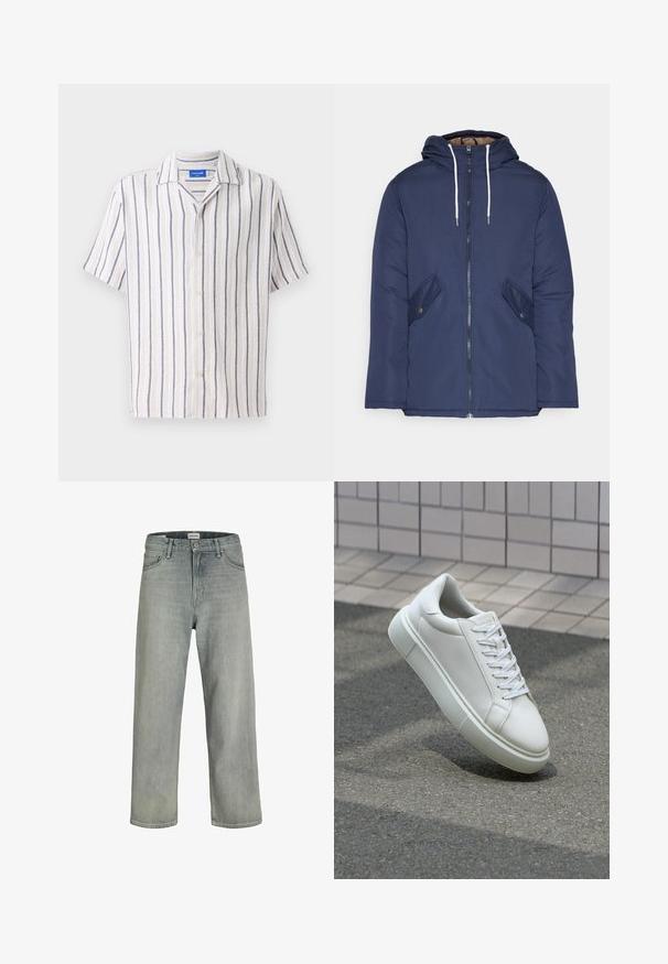 Tumesinine vahtkatseline jakk, millel on kapuuts, esilukk, kaks küljetaskut nupuga ja valged tõmblukud.; Kreemivärviline lühikeste varrukatega kaelusega särk, millel on tumepunased vertikaalsed triibud. Valmistatud tekstuursest kangast, esiküljel on nööbikinnitus.; Heledad hallhallid, laia lõikega denimist teksased. Omavad klassikalist viie tasku disaini, vööloopse ja sirget säärelõiget.; Valge nahkline sneka, millel on sile pind, ümar varvas ja lame valge pael. Omab tekstuuriga kummist talla ja minimaalset kujunduselementi.