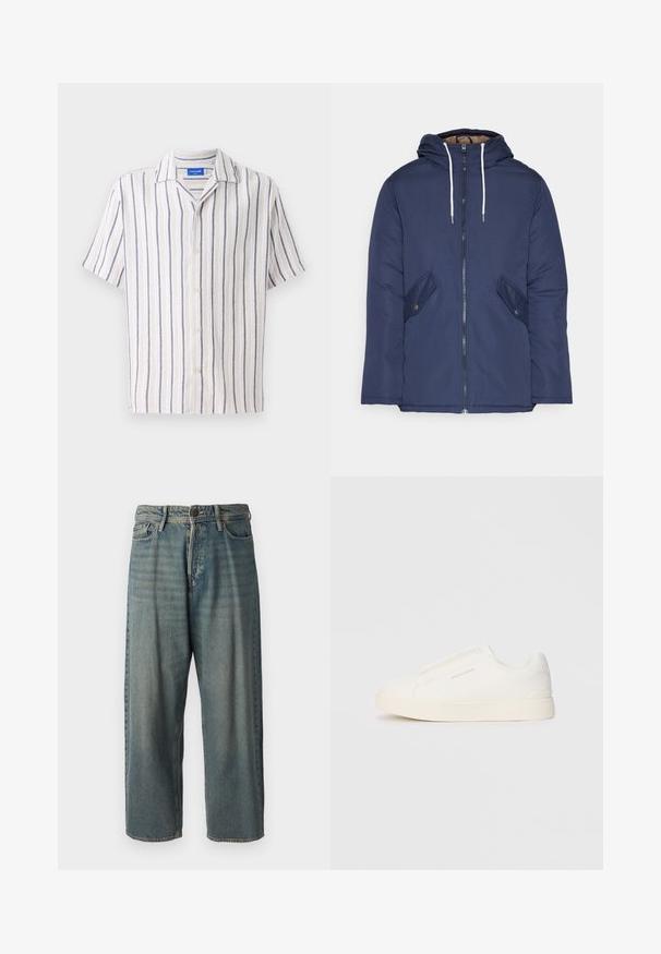 Veste matelassée bleu marine avec capuche, dotée d'une fermeture éclair à l'avant, de deux poches latérales avec boutons et de cordons de serrage blancs.; Chemise à col courte manches en crème avec des rayures verticales navy. Fabriquée en tissu texturé, elle dispose d'une fermeture par boutons devant.; Jeans en denim bleu clair avec une coupe ample, taille mi-haute et jambes droites. Comprend cinq poches, des passants de ceinture et une fermeture à bouton.; Baskets blanches sans lacets avec une surface texturée, une semelle épaisse et un design minimaliste. Présente le logo de la marque sur le côté.