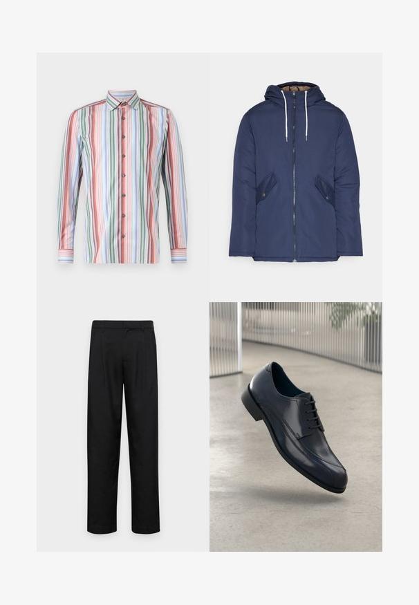 Jūras zila pufīgā jaka ar kapuci, kas aprīkota ar priekšējo rāvējslēdzēju, divām sānu kabatām ar pogām un baltiem aukliņām.; Krepa krekls ar vertikālām svītrām vairākās krāsās: sarkanā, zaļā, zilā un baltā. Garas piedurknes un standarta apkakles dizains.; Melnas bikses, izgatavotas no gludas auduma, ar taisnu kāju dizainu, divām priekšējām krokām un standarta jostu, kurai ir āķi.; Spīdīga melna ādas svinīgā kurpe ar auklēm, kas karājas virs gludas, gaiši pelēkas grīdas un vertikālām metaliskām stangām fona.