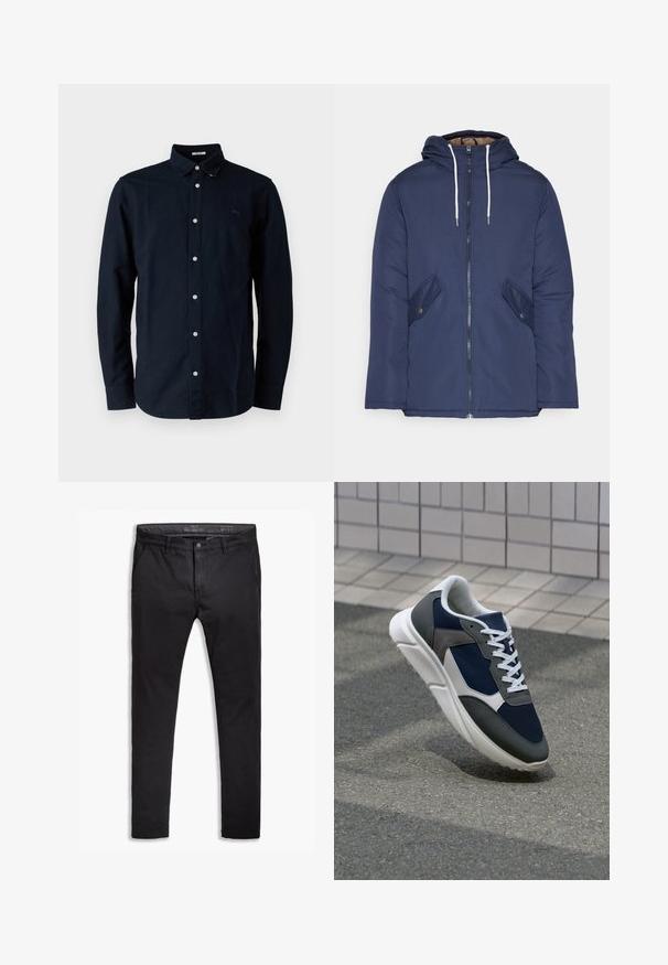 Chaqueta acolchada de color azul marino con capucha, cuenta con un cierre frontal de cremallera, dos bolsillos laterales con botones y cordones blancos.; Camisa de botón de color azul marino hecha de algodón, con cuello clásico, mangas largas y un pequeño logo bordado en el pecho.; Chinos de algodón negro con un ajuste entallado, que cuentan con cinco bolsillos, pasadores para cinturón y una textura suave. Cierre de cremallera con botón.; Zapatillas con una parte superior de malla azul marino, detalles en gamuza gris, suela de goma blanca y cordones blancos planos, diseñadas para la comodidad y transpirabilidad.