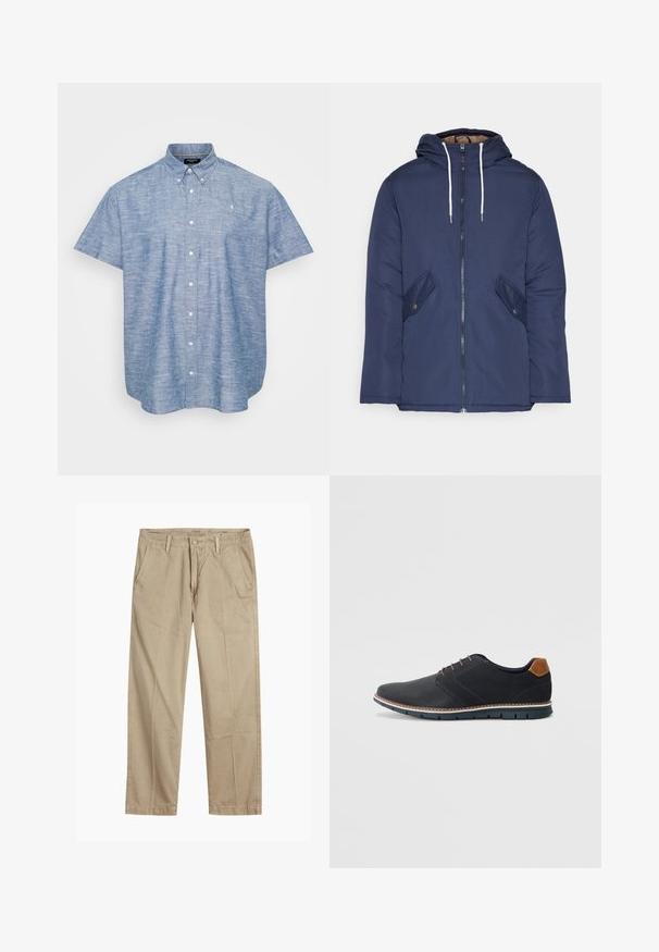 Jachetă căptușită bleu marin cu glugă, având un fermoar frontal, două buzunare laterale cu nasturi și șnururi albe.; Cămașă cu mânecă scurtă din țesătură chambray de culoare albastru deschis, având un guler structurat, nasturi în față și un mic emblema pe piept.; Chino bej cu picior drept, cu bucle pentru curea, închidere cu nasture și fermoar în față, și buzunare laterale înclinate.; Pantofi sintetici negri cu un superior texturat, accente netede, toc maro și o talpă contrastantă. Prezintă un șnur minimalist și detalii de cusătură.
