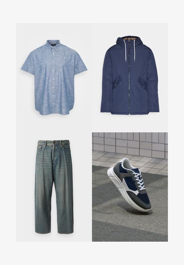 Σακάκι ναυτικού μπλε με επένδυση και κουκούλα, με φερμουάρ μπροστά, δύο πλάγιες τσέπες με κουμπιά και λευκές κορδόνες.; Καshort-sleeve πουκάμισο με κουμπιά σε ανοιχτό μπλε chambray ύφασμα, με δομημένο γιακά, μπροστινά κουμπιά και ένα μικρό έμβλημα στο στήθος.; Ανοιχτό μπλε τζιν παντελόνι με χαλαρή γραμμή, μέση μέσου ύψους και ευθείες γραμμές. Περιλαμβάνει πέντε τσέπες, θηλιές ζώνης και κούμπωμα με κουμπί.; Αθλητικά παπούτσια με επάνω μέρος από ναυτικό μπλε διχτυωτό ύφασμα, γκρι σουέτ λεπτομέρειες, λευκή καουτσούκ σόλα και επίπεδα λευκά κορδόνια, σχεδιασμένα για άνεση και αερισμό.