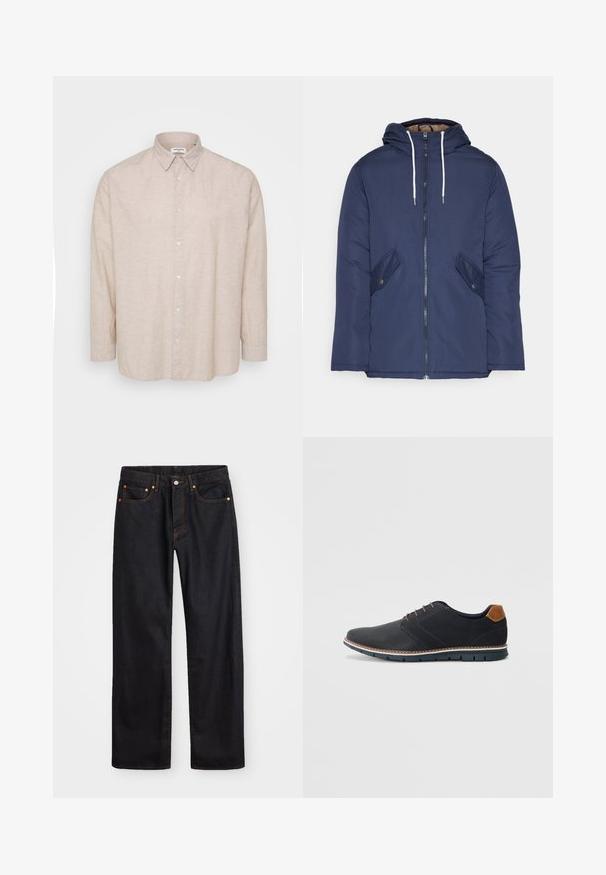 Veste matelassée bleu marine avec capuche, dotée d'une fermeture éclair à l'avant, de deux poches latérales avec boutons et de cordons de serrage blancs.; Chemise à manches longues beige clair en tissu de lin, avec un col boutonné, des boutons à l'avant et une coupe décontractée avec des manches à poignet.; Jean en denim noir pour hommes, coupe droite, avec cinq poches et surpiqûres orange, fermeture par bouton et zip à la taille avant.; Chaussures synthétiques noires avec un dessus texturé, accents lisses, talon marron et semelle contrastante. Présente un laçage minimal et des détails de couture.