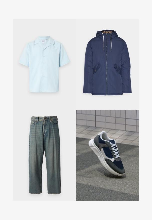 Veste matelassée bleu marine avec capuche, dotée d'une fermeture éclair à l'avant, de deux poches latérales avec boutons et de cordons de serrage blancs.; Chemise à manches courtes en tissu bleu clair, avec un col cranté et une texture douce agrémentée d'un motif subtil, six boutons sur le devant.; Jeans en denim bleu clair avec une coupe ample, taille mi-haute et jambes droites. Comprend cinq poches, des passants de ceinture et une fermeture à bouton.; Baskets avec une tige en mesh bleu marine, des accents en suède gris, une semelle en caoutchouc blanc et des lacets plats blancs, conçues pour le confort et la respirabilité.