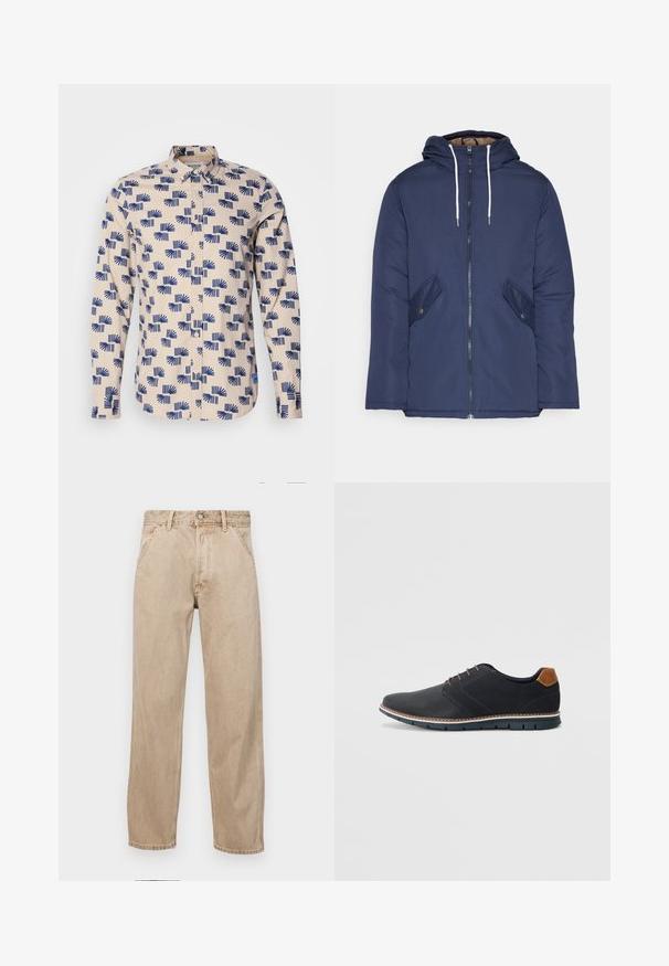 Chaqueta acolchada de color azul marino con capucha, cuenta con un cierre frontal de cremallera, dos bolsillos laterales con botones y cordones blancos.; Camisa de manga larga abotonada en color beige claro con un patrón geométrico azul. Fabricada con un tejido ligero, cuenta con cuello y un corte regular.; Jeans de mezclilla beige con un diseño de pierna recta, que cuentan con bolsillos frontales, cierre de botón de metal y una textura sutil.; Zapatos sintéticos negros con un upper texturizado, acentos lisos, tacón marrón y una suela en contraste. Presenta un cordón mínimo y detalles de costura.
