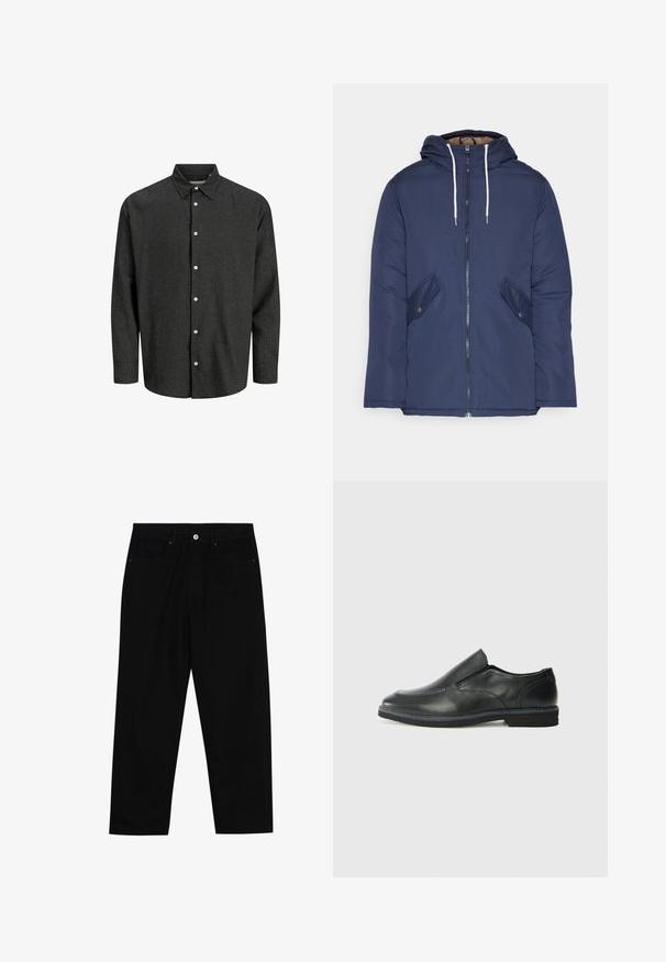 Marineblå polstret jakke med hette, med glidelås foran, to sidelommer med knapper og hvite snorer.; Svart og grå rutete skjorte med knappestolpe, standard krage, lange ermer, og hvite knapper. Mykt stoff med en strukturert passform.; Sorte denimbukser med rett benklipp, fem-lomme design og frontknappåpning. Jevn tekstur med minimale sømdetaljer.; Sorte skinn slip-on sko med en jevn overflate, stikking detaljer, rund tå og en lav gummihæl. Sålen har minimal mønstring.
