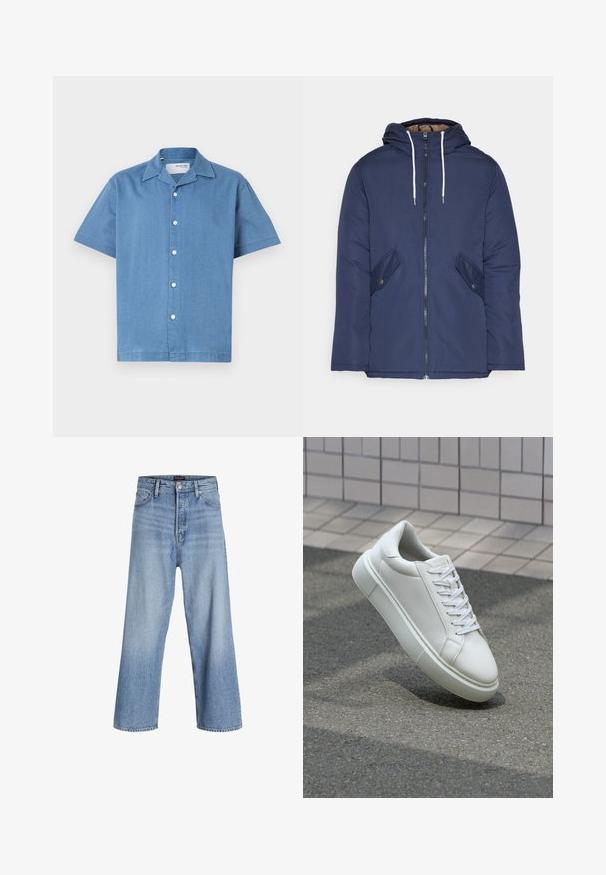 Jūras zila pufīgā jaka ar kapuci, kas aprīkota ar priekšējo rāvējslēdzēju, divām sānu kabatām ar pogām un baltiem aukliņām.; Gai zilo īsām piedurknēm krekliņš no mīkstas, teksturētas auduma ar apkakles izgriezumu un piecām baltām pogām priekšpusē.; Gaiši zili džinsu bikses ar platām kājām un augstu jostu, kas aprīkotas ar pogu aizdari, piecu kabatu dizainu un vieglu izbalējušu efektu. Tīra apdare.; Baltas ādas sporta apavi ar gludu virsmu, apaļu pirkstu un plakanām baltām šņorēm. Iezīmējas ar strukturētu gumijas zoli un minimālisma dizaina elementiem.
