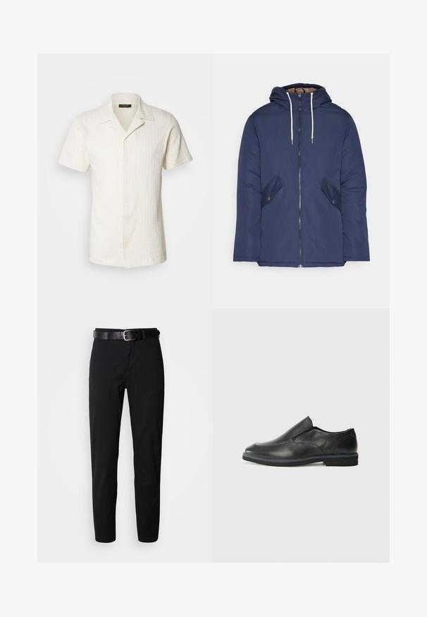 Navy blue padded jacket with a hood, featuring a front zipper, two side pockets with buttons, and white drawstrings.; Short-sleeve, collared shirt in off-white textured fabric, featuring a vertical stripe pattern and a full button front.; Black trousers with a straight cut, featuring a smooth texture and a black leather belt with a silver buckle. Simple design, no patterns or accents.; Black leather slip-on shoe with a smooth upper, stitched accents, rounded toe, and a low rubber heel. Sole features minimal tread.