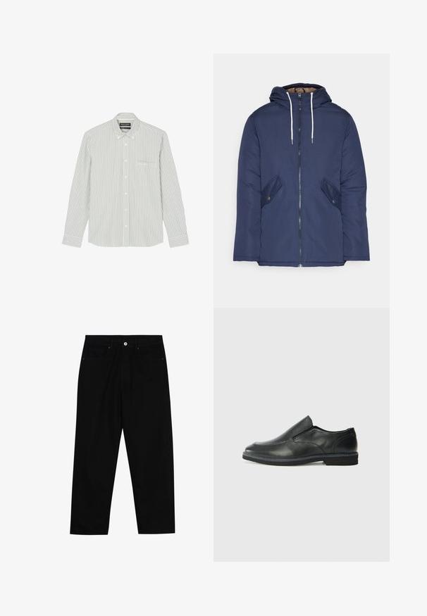 Marineblå polstret jakke med hette, med glidelås foran, to sidelommer med knapper og hvite snorer.; Lys grønn og hvitstripet langermet skjorte med knapp-ned krage, enkelt brystlomme og knappelukkinger.; Sorte denimbukser med rett benklipp, fem-lomme design og frontknappåpning. Jevn tekstur med minimale sømdetaljer.; Sorte skinn slip-on sko med en jevn overflate, stikking detaljer, rund tå og en lav gummihæl. Sålen har minimal mønstring.