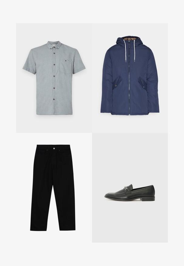 Marineblå polstret jakke med hette, med glidelås foran, to sidelommer med knapper og hvite snorer.; Korte ermer, skjorte med krage i lysegrått stoff med et strukturert mønster. Har en brystlomme og mørke knapper.; Sorte denimbukser med rett benklipp, fem-lomme design og frontknappåpning. Jevn tekstur med minimale sømdetaljer.; Sorte skinnloafers med en glatt finish, og med en sydd design og en dekorativ metallkjedeakcent over foten. Flat hæl.