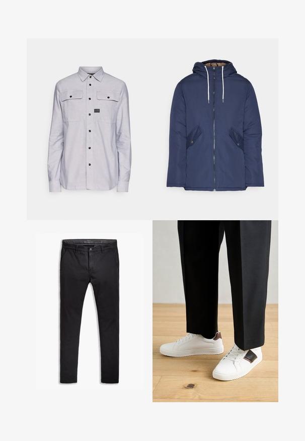 Casaco acolchoado azul-marinho com capuz, apresentando um fecho frontal com zíper, dois bolsos laterais com botões e cordões brancos.; G-STAR REGULAR SHIRT - Camisa - correct grey/white oxford; Chinos pretos de algodão com um corte afunilado, apresentando cinco bolsos, passantes para cinto e uma textura suave. Fecho com zíper e botão.; Ténis brancos com textura suave, apresentando elementos em pele castanha e detalhes em preto, combinados com calças pretas ajustadas. Fundo de chão de madeira.