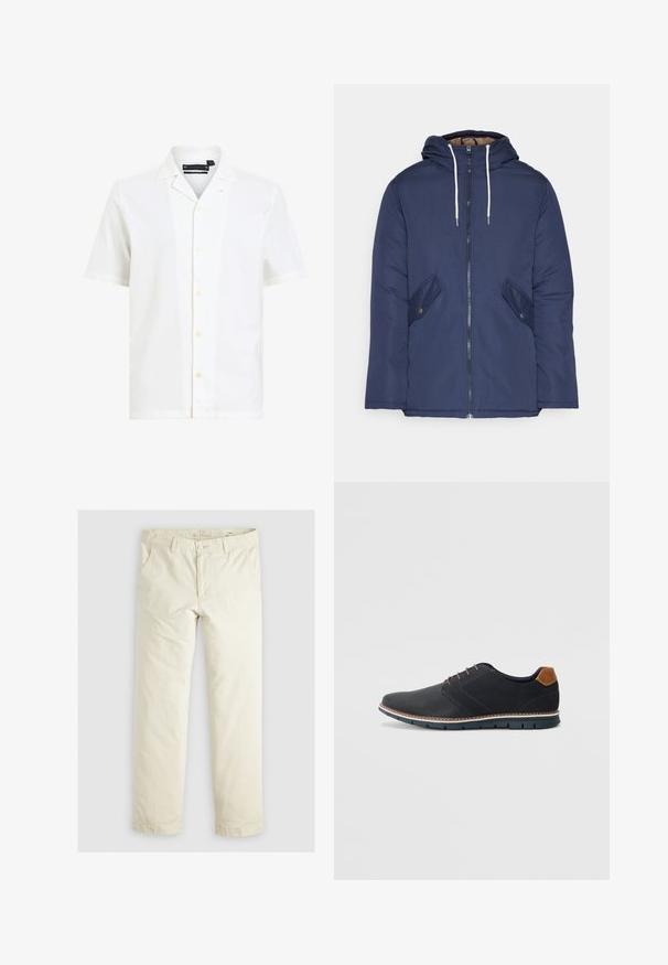 Mornarsko modra podložena jakna s kapuco, ki ima sprednji zadrgo, dva stranska žepa s gumbi in bele vrvice.; Bela kratka majica s kratkimi rokavi, izdelana iz mehkega materiala, s prozorni ovratnikom, šestimi gumbi spredaj in ohlapnim krojem.; Svetlo bež hlače širokega kroja s tremi žepi, zankami za pas in ravnim krojem. Narejene so iz mešanice mehkega bombaža.; Črne sintetične čevlje z teksturirano zgornjščino, gladkimi akcenti, rjavim petnim delom in kontrastnim podplatom. Imajo minimalno vezanje in detajle šivanja.