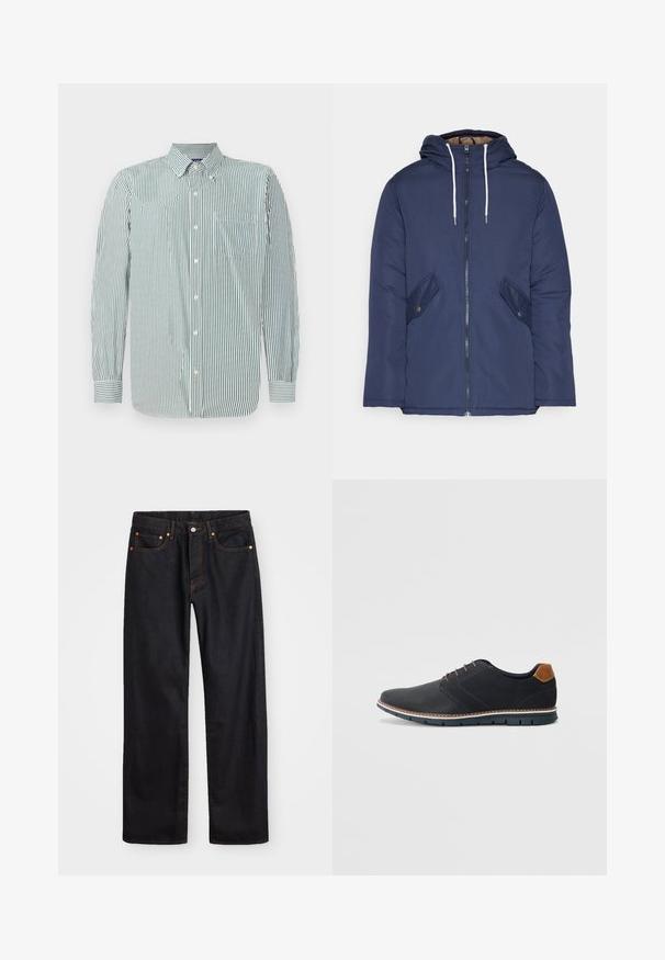 Marineblauwe gewatteerde jas met een capuchon, voorzien van een rits aan de voorkant, twee zijzakken met knopen en witte trekkoorden.; Gestreepte button-up blouse in lichtgroene en witte stof, met een kraag, lange mouwen en één borstzak. Verticale streeppatroon.; Heren straight-leg zwarte denim jeans met vijf zakken en oranje stiksels, knoop- en ritssluiting op de voorkant van de tailleband.; Zwarte synthetische schoenen met een gestructureerde bovenkant, gladde accenten, bruine hak en een contrasterende zool. Bevat minimale veters en stikdetails.