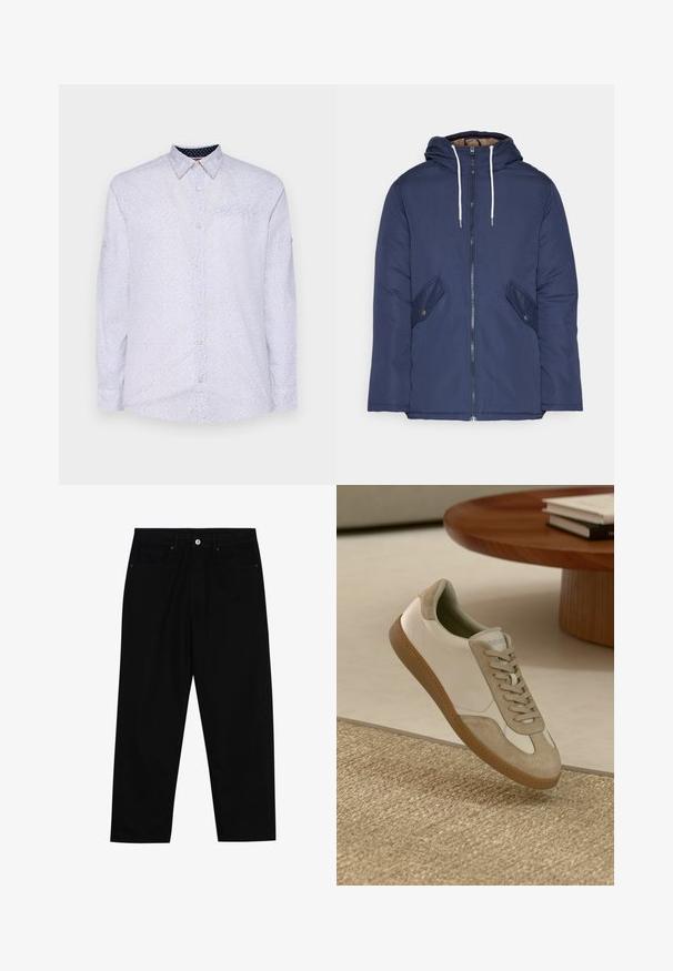 Marineblauwe gewatteerde jas met een capuchon, voorzien van een rits aan de voorkant, twee zijzakken met knopen en witte trekkoorden.; Wit overhemd met lange mouwen en kleine marineblauwe stippen, met een button-down kraag en een borstzak. Voorzien van knoopsluiting aan de manchetten en een gladde textuur.; Zwarte denim broek met een recht gesneden pasvorm, vijf gebruikersvriendelijke zakken en een sluiting met een knoop aan de voorkant. Soepele textuur met minimale stikdetails.; Lichte sneaker met een witte leren bovenkant en beige suède accenten, een ronde neus en een gestructureerde bruine rubberen zool.