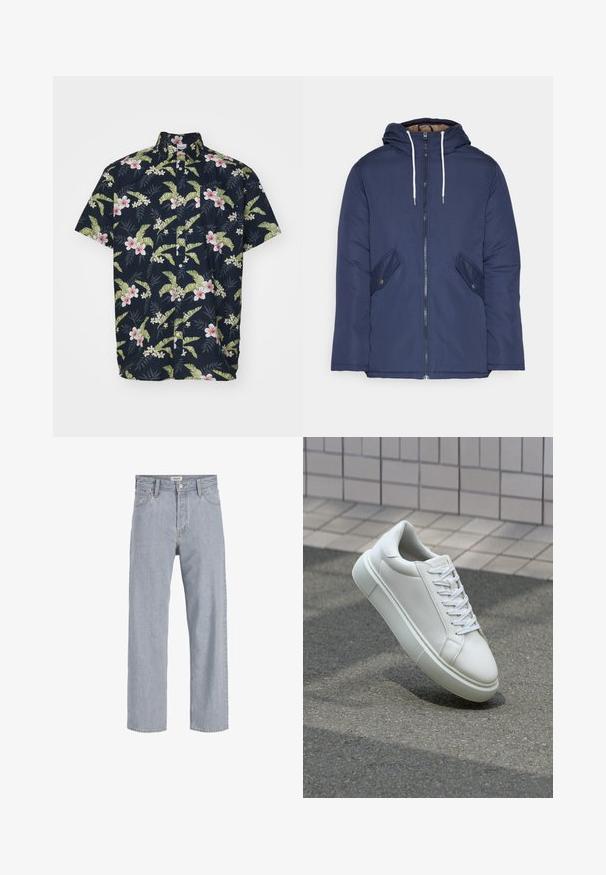 Marineblå polstret jakke med hette, med glidelås foran, to sidelommer med knapper og hvite snorer.; Kortermet skjorte med knapp i marineblå med et blomsterdesign som har rosa blomster og grønne blader. Laget av lett stoff, avslappet passform.; Lyseblå denimbukser med avslappet passform, rett ben-design, synlige sømmer, to frontlommer og knappelukking.; Hvit lær sneaker med glatt overflate, rund tå og flate hvite snøringer. Har en teksturert gummisåle og minimale design elementer.