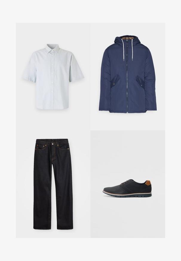 Marineblå polstret jakke med hette, med glidelås foran, to sidelommer med knapper og hvite snorer.; Lyseblå kortermet skjorte med knapper, laget av bomull, med klassisk krage, frontlomme med knapper og en avslappet passform.; Men's straight-leg svarte denim jeans med fem lommer og oransje søm, knapp og glidelås lukking foran på midjen.; Sorte syntetiske sko med en teksturert overdel, glatte detaljer, brun hæl og en kontrastfarge på sålen. Har minimalt snøring og sømdetaljer.