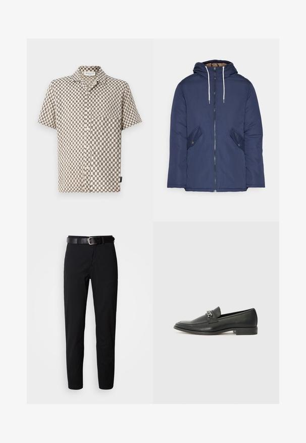 Marineblå polstret jakke med hette, med glidelås foran, to sidelommer med knapper og hvite snorer.; Kortermet skjorte med knappestolpe, prydet med et beige og svart rutemønster, laget av et teksturert stoff med en brystlomme.; Sorte bukser med en lige pasform, med en glat tekstur og et sort læderbælte med en sølvspænde. Enkel design, uden mønstre eller detaljer.; Sorte skinnloafers med en glatt finish, og med en sydd design og en dekorativ metallkjedeakcent over foten. Flat hæl.