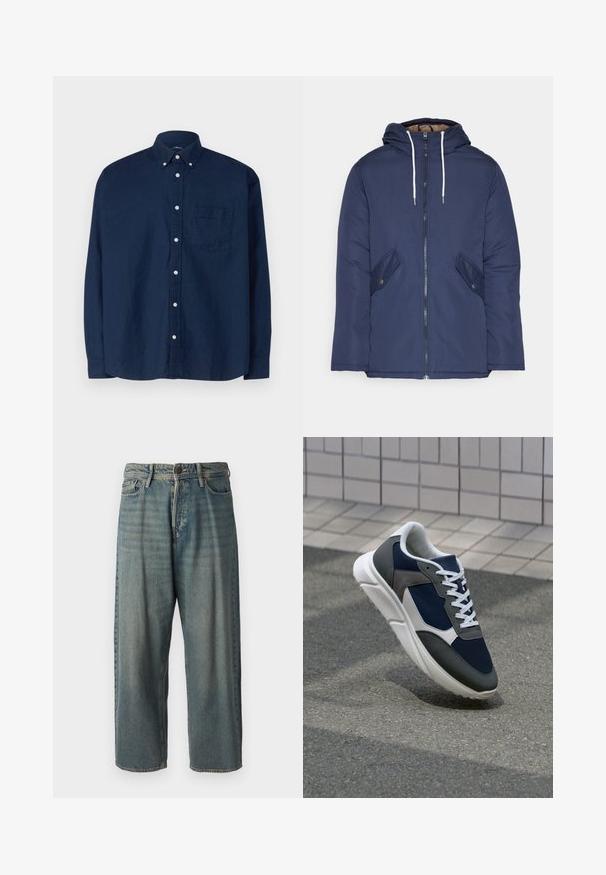 Mornarsko modra podložena jakna s kapuco, ki ima sprednji zadrgo, dva stranska žepa s gumbi in bele vrvice.; Krakasta mornarsko modra srajca z gumbki, izdelana iz bombaža. Ima ostre ovratnike, dolge rokave, žep na prsih in bele gumbe. Teksturirana tkanina.; Svetlomoderne kavbojke z ohlapnim krojem, srednjim pasom in ravnimi nogami. Imajo pet žepov, zanke za pas in zapiranje na gumb.; Superge z zgornjim delom iz mrežaste tkanine v mornarsko modri barvi, sivi usnjeni poudarki, belo gumijasto podplato in ravnimi belimi vezalkami, zasnovane za udobje in zračnost.
