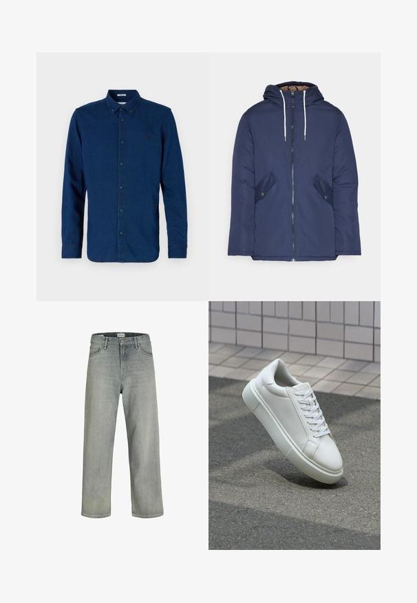 Σακάκι ναυτικού μπλε με επένδυση και κουκούλα, με φερμουάρ μπροστά, δύο πλάγιες τσέπες με κουμπιά και λευκές κορδόνες.; Ρούχο από τζιν ύφασμα σε ναυτικό μπλε χρώμα με κουμπιά. Διαθέτει αιχμηρό γιακά, μακριά μανίκια και ένα μικρό λογότυπο στο στήθος.; Ανοιχτό γκρι, χαλαρά εφαρμοστά τζιν φτιαγμένα από denim. Διαθέτουν κλασικό σχέδιο πέντε τσεπών, θηλιές ζώνης και ίσια γραμμή.; Λευκό δερμάτινο αθλητικό παπούτσι με λείο επιφάνεια, στρογγυλή μύτη και επίπεδα λευκά κορδόνια. Διαθέτει υφασμάτινη καουτσούκ σόλα και ελάχιστα σχεδιαστικά στοιχεία.