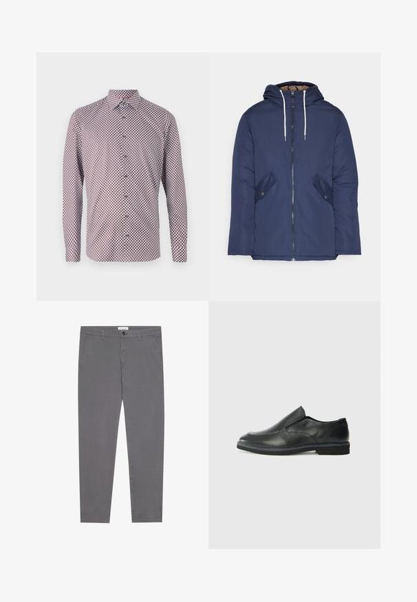 Jachetă căptușită bleu marin cu glugă, având un fermoar frontal, două buzunare laterale cu nasturi și șnururi albe.; Cămașă cu mâneci lungi și nasturi, de culoare albă, cu un model geometric în culorile roșu și bleumarin. Prezintă guler, mansete și o croială dreaptă.; Cămașă de bumbac gri cu o croială slim, având două buzunare frontale, un buzunar la spate și o închidere cu nasture la talie.; Pantof de piele neagră, tip slip-on, cu un superior neted, accente cusute, vârf rotunjit și un toc jos din cauciuc. Talpa are un profil minim de aderență.