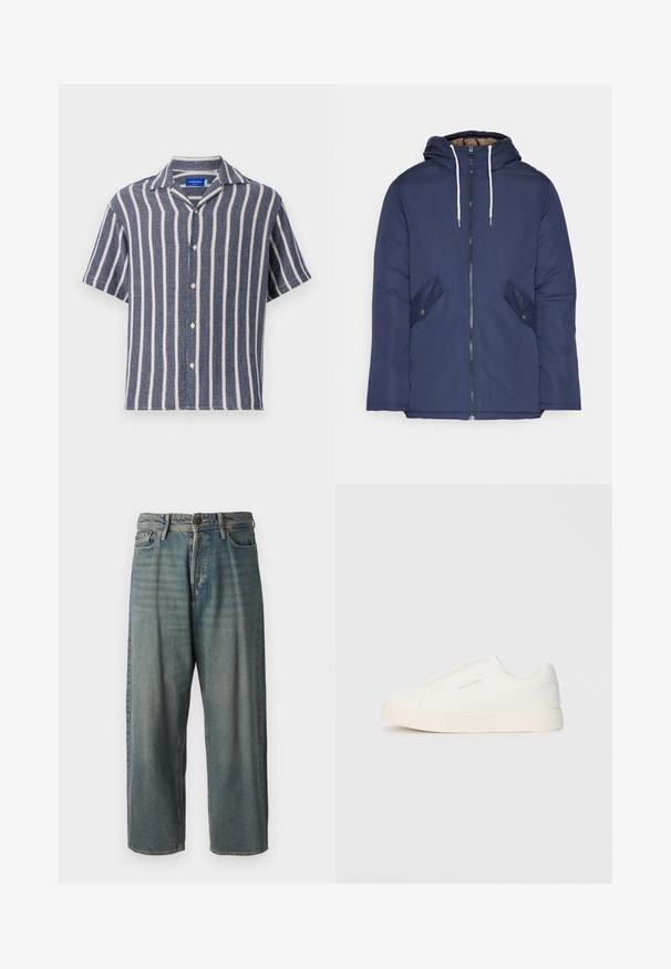 Marineblau gepadded Jacke mit Kapuze, ausgestattet mit einem Reißverschluss vorne, zwei seitlichen Taschen mit Knöpfen und weißen Kordeln.; Kurzärmliges Hemd in Marineblau mit weißen vertikalen Streifen. Hergestellt aus strukturiertem Stoff, mit einem umgeschlagenen Kragen und Knopfleiste.; Helle blaue Denim-Jeans mit lockerer Passform, mittelhoher Taille und geraden Beinen. Hat fünf Taschen, Gürtelschlaufen und einen Knopfverschluss.; Weiße Slip-On-Sneaker mit einer strukturierten Oberfläche, dicker Sohle und minimalistischem Design. Mit Logo der Marke an der Seite.