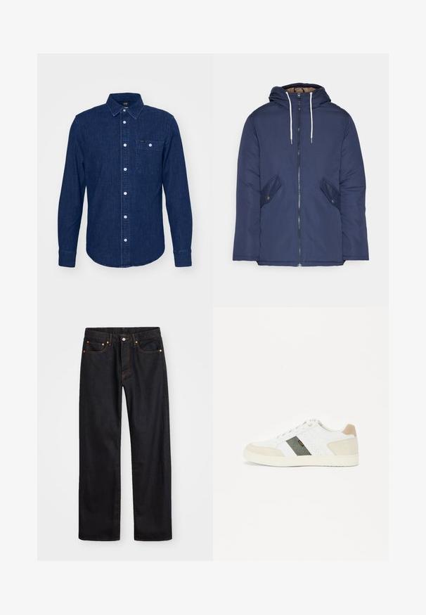 Veste matelassée bleu marine avec capuche, dotée d'une fermeture éclair à l'avant, de deux poches latérales avec boutons et de cordons de serrage blancs.; Lee LEESURE - Chemise - maple wash; Jean en denim noir pour hommes, coupe droite, avec cinq poches et surpiqûres orange, fermeture par bouton et zip à la taille avant.; Baskets blanches avec des accents en daim dans un beige clair et un panneau en tissu vert foncé. Design perforé sur les côtés, semelle en caoutchouc plate.