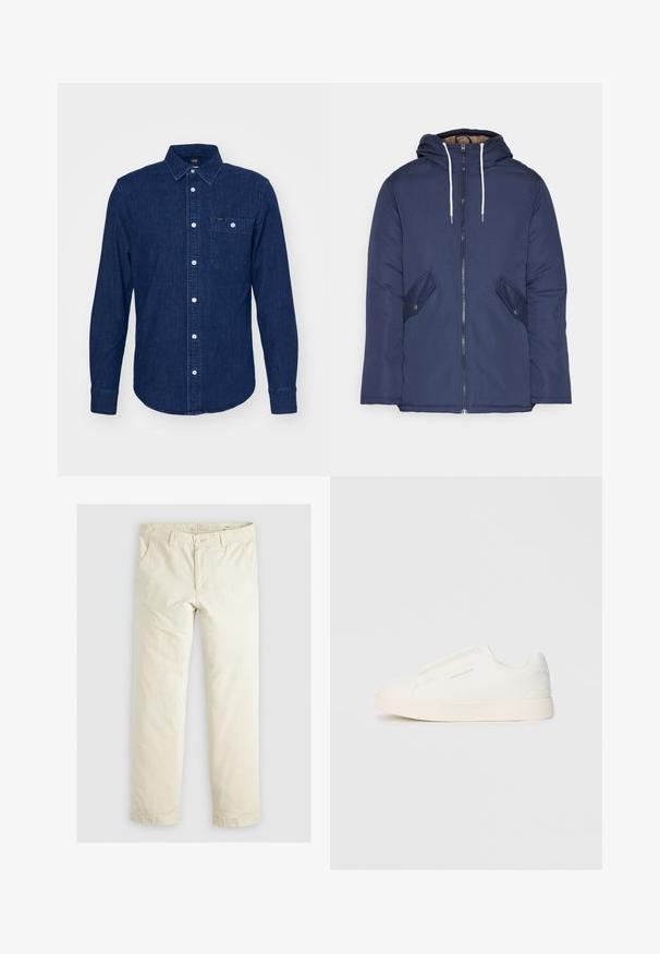 Marineblau gepadded Jacke mit Kapuze, ausgestattet mit einem Reißverschluss vorne, zwei seitlichen Taschen mit Knöpfen und weißen Kordeln.; Lee LEESURE - Hemd - maple wash; Helle beigefarbene, lässig geschnittene Hose mit drei Taschen, Gürtelschlaufen und geradem Bein. Hergestellt aus einem weichen Baumwoll-Mix.; Weiße Slip-On-Sneaker mit einer strukturierten Oberfläche, dicker Sohle und minimalistischem Design. Mit Logo der Marke an der Seite.