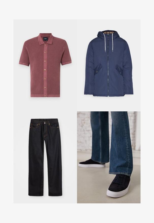 Sötétkék bélelt dzseki kapucnival, elülső cipzárral, két oldalsó zsebbel gombokkal és fehér húzózsinórokkal.; Rövid ujjú, texturált pólóing poros rózsaszín színben, gombos előrészével, fából készült gombokkal és kontrasztos gallérral.; Férfi egyenes szabású fekete farmernadrág öt zsebbel és narancssárga varrással, gombos és cipzáros záródással elöl.; Sötétkék velúr sportcipők fehér gumitalppal és fűzőkkel, széles szárú farmernadrággal, közepes kék mosással párosítva.