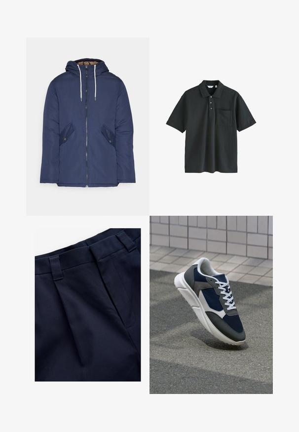 Giacca imbottita blu navy con cappuccio, dotata di zip frontale, due tasche laterali con bottoni e lacci bianchi.; Polo nero realizzato in cotone, con colletto, chiusura a tre bottoni, maniche corte e taschino sul petto.; Pantaloni a pieghe blu navy realizzati in un tessuto liscio e testurizzato. Presentano una vita piatta e passanti per cintura, progettati per comfort e vestibilità.; Sneaker con tomaia in rete blu navy, inserti in suede grigio, suola in gomma bianca e lacci bianchi piatti, progettata per comfort e traspirabilità.