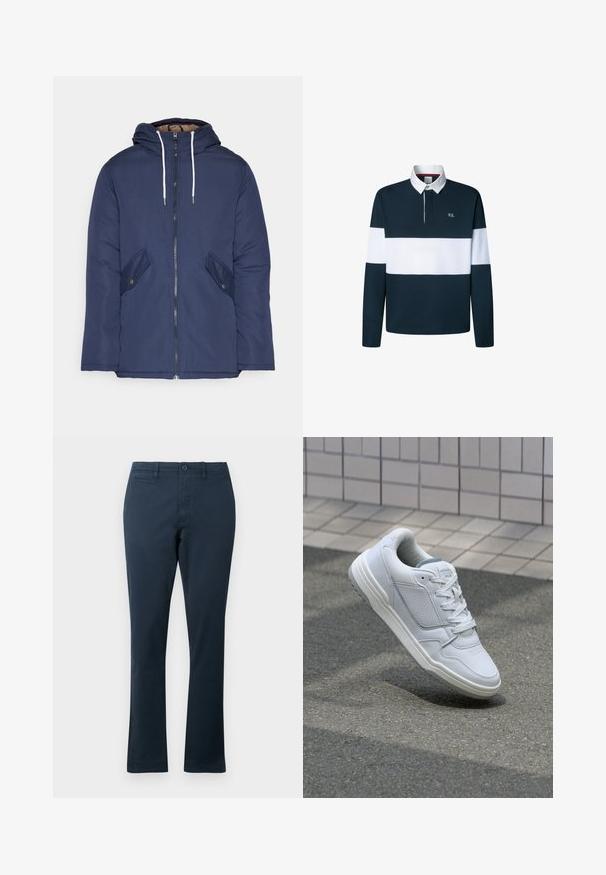 Marineblå polstret jakke med hette, med glidelås foran, to sidelommer med knapper og hvite snorer.; Marineblå og hvit langermet polo med krage, kontrasterende striper og en liten brodert logo på brystet.; Marineblå bukser i bomullsmiks med rette ben, som har frontlommer, knappelukking og beltehemper. Glatt tekstur.; Hvite lær sneakers med perforerte sider, teksturerte detaljer, flate lisser og en kontrasterende grå hæl. Har en lite hevet såle.