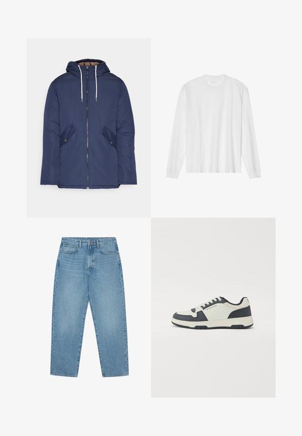 Navy blue padded jacket with a hood, featuring a front zipper, two side pockets with buttons, and white drawstrings.; Long-sleeve white cotton t-shirt with a crew neck and ribbed cuffs. Simple, unembellished design, featuring smooth texture and standard fit.; Light blue denim wide-leg jeans with a high waist, featuring five pockets, belt loops, and a soft, slightly faded texture.; Navy and light gray sneakers with a suede and leather upper, padded tongue, and lace-up design. Rubber sole with traction pattern.